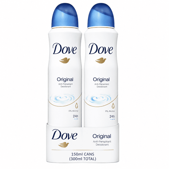 Dove Original Antiperspirant Body Spray Deodorant, 48-Hour Odor Protection, 0% Alcohol Formula, Original Clean Scent, 150ml Each, 2-Pack