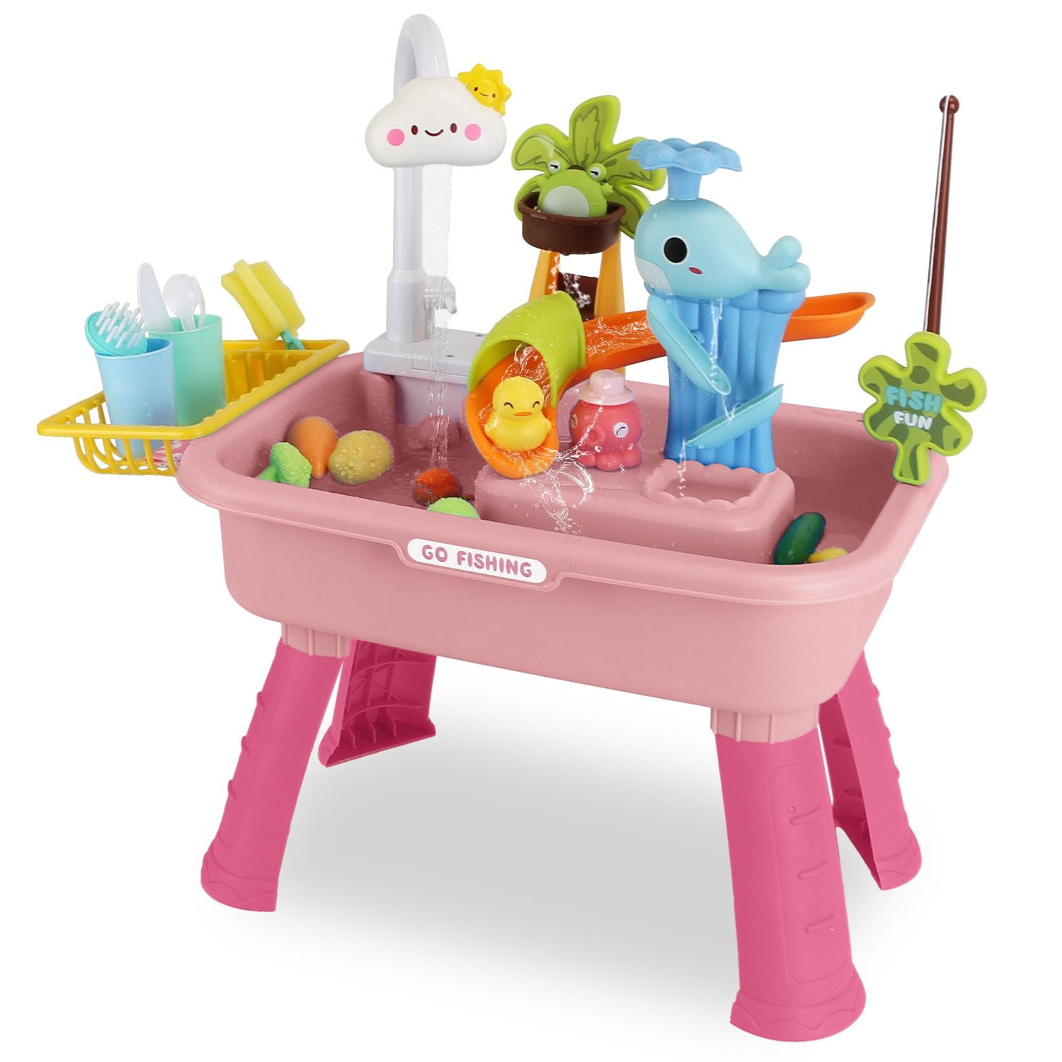 3 in 1 Kitchen Sink Toy with Electric Faucet Water Table Fishing Game Role Play Sink Set Indoor Outdoor for Kids Aged 3+ Years Old