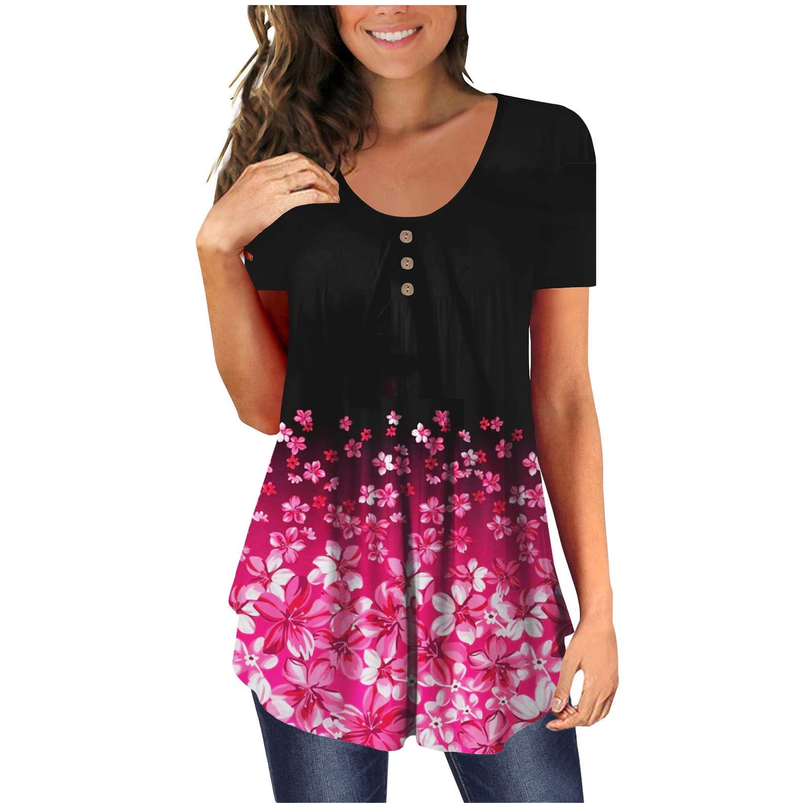 Floral Print Pleated Button Front T-shirt, Casual Ruffle Sleeve T