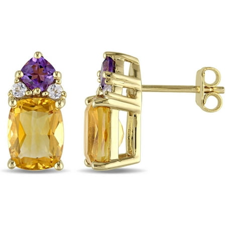 Tangelo 4-1/4 Carat T.G.W. Cushion-Cut Citrine, Amethyst and White Topaz Yellow Rhodium-Plated Sterling Silver Four-Stone Earrings