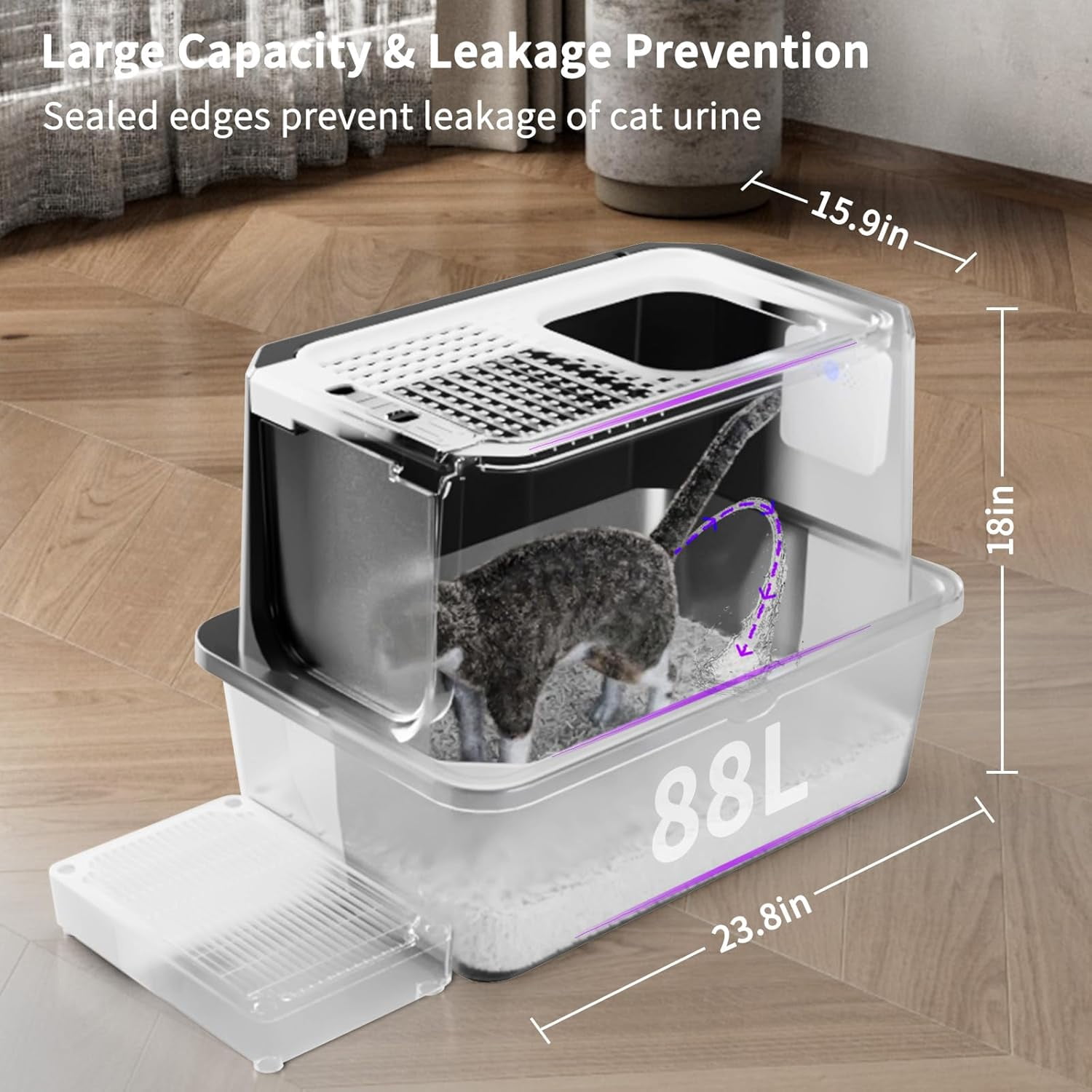Stainless Steel Cat Litter Box, Odorless Enclosed Litter Box with Top Holes, Large Litter Pan for Small to Large Sized Cats (Deep Black, 23.8" L*15.9" W*18" H)