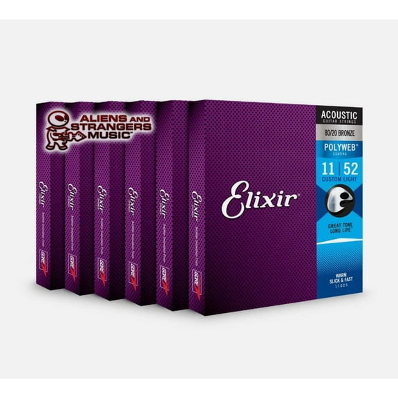6 Sets! Elixir POLYWEB 80/20 Bronze Acoustic — 11025 Custom Light .011-.052