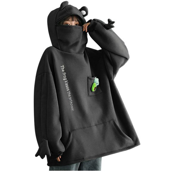IROINID Deals Womens Winter Clothes Pullover Hoodies Stitching Three-Dimensional Pocket Cute Design Sweatshirt,Black
