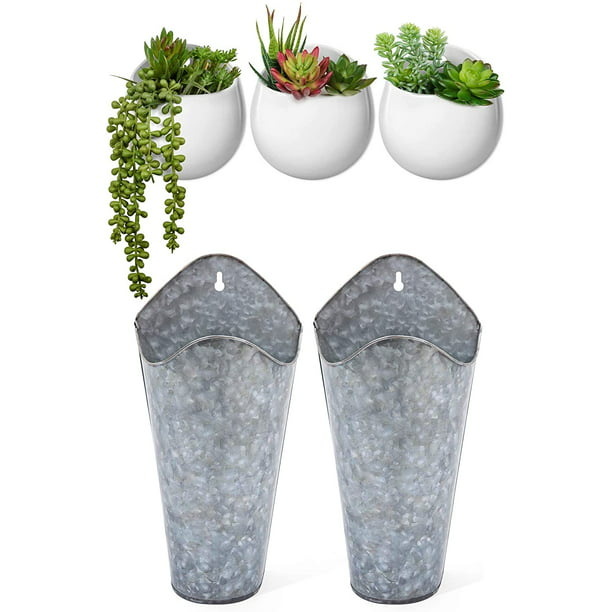 Set Of 5 Galvanized Metal Wall Planter And Ceramic Hanging Pocket Planters For Succulents Herb Flowers Holder Country Rustic Home Decor Com - Galvanized Wall Pocket Planters