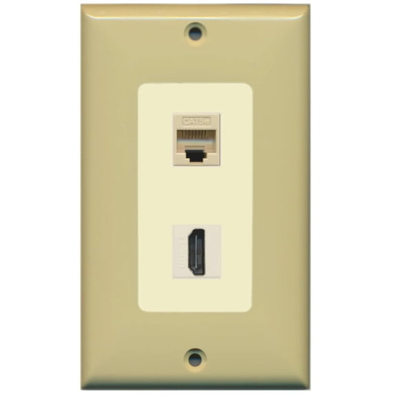 RiteAV - 1 Cat5e Ethernet and 1 HDMI Decorative Wall Plate - Ivory/Light Almond - Bracket Included