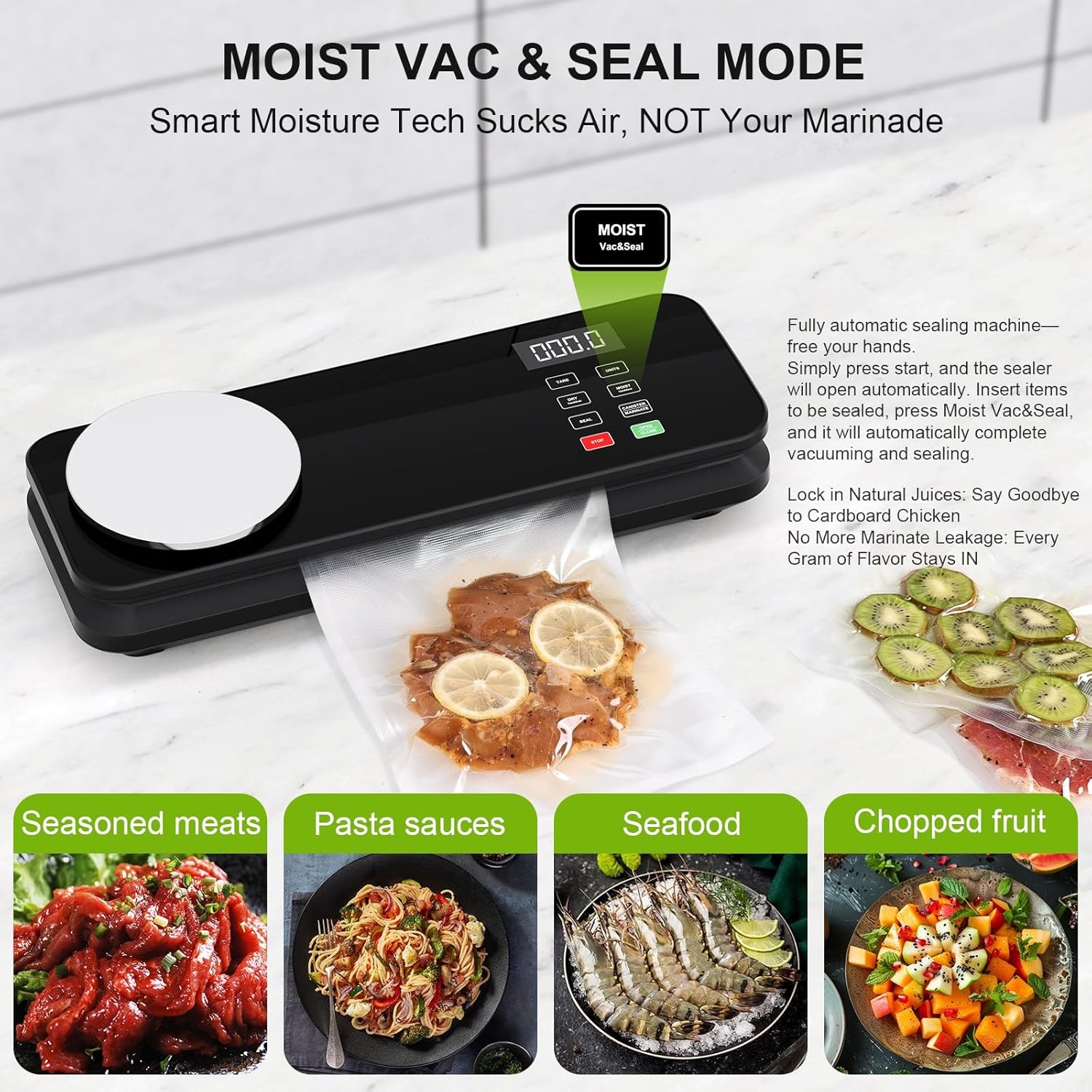 90KPA Food Vacuum Sealer with Kitchen Scale, One-Touch Automatic, Multiple Modes​​, Compact Design with 10 Vacuum Bags & Built-in Cutter