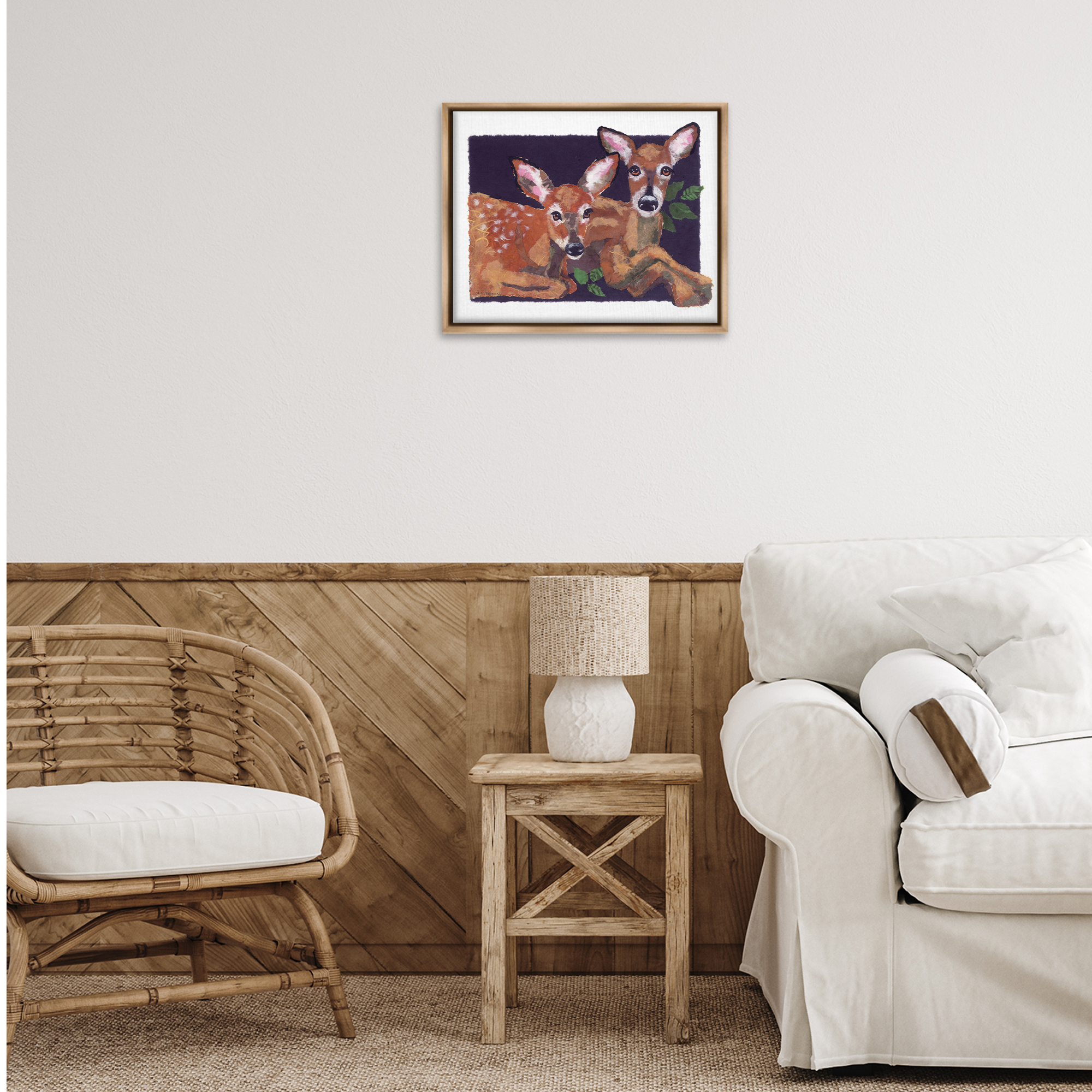 Stupell Industries Fawn Siblings Portrait Animals & Insects Painting Brown Floater Framed Canvas Art Print Wall Art, 21 x 17