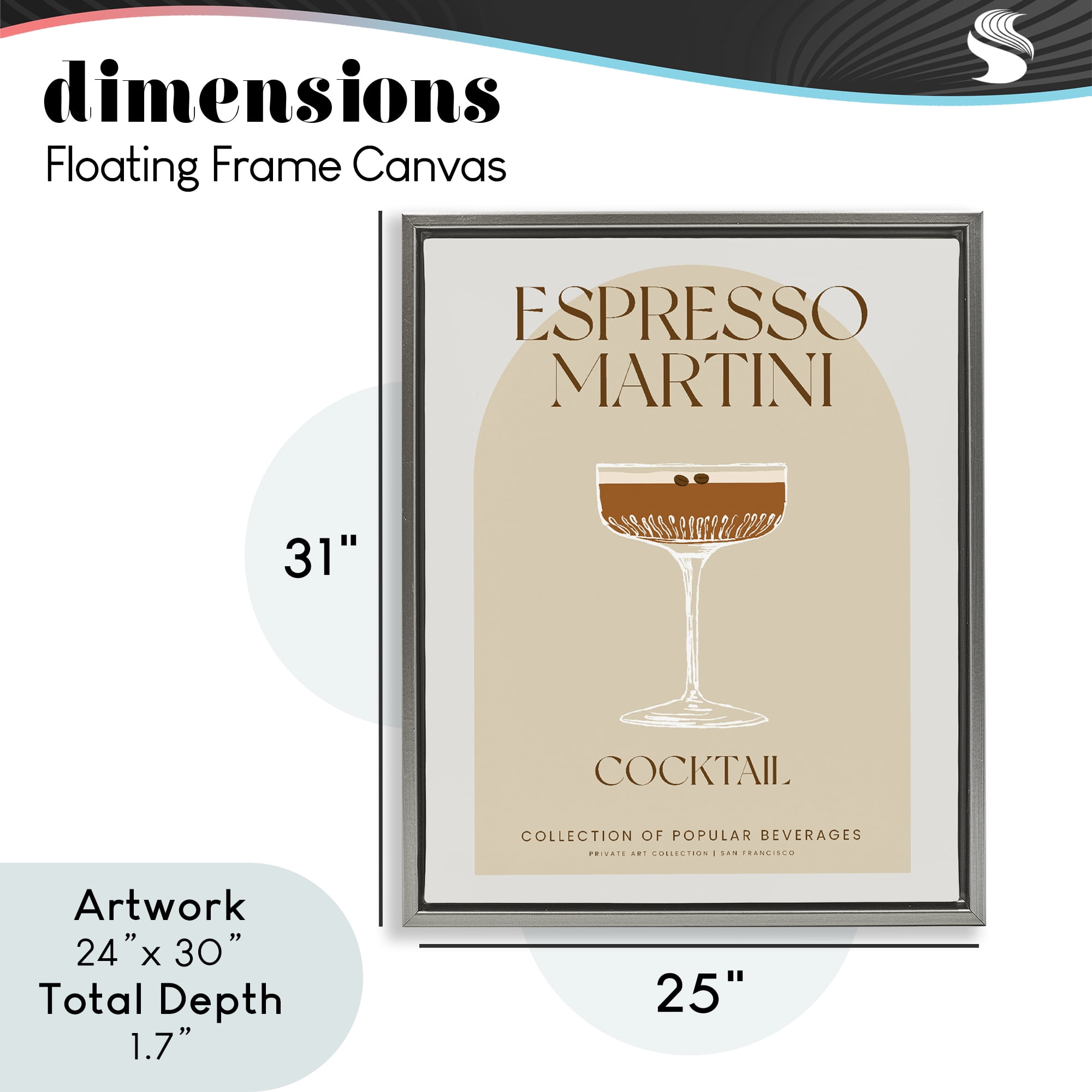 Stylish Retro Espresso Martini Gray Framed Floater Canvas Wall Art, design by Lil' Rue