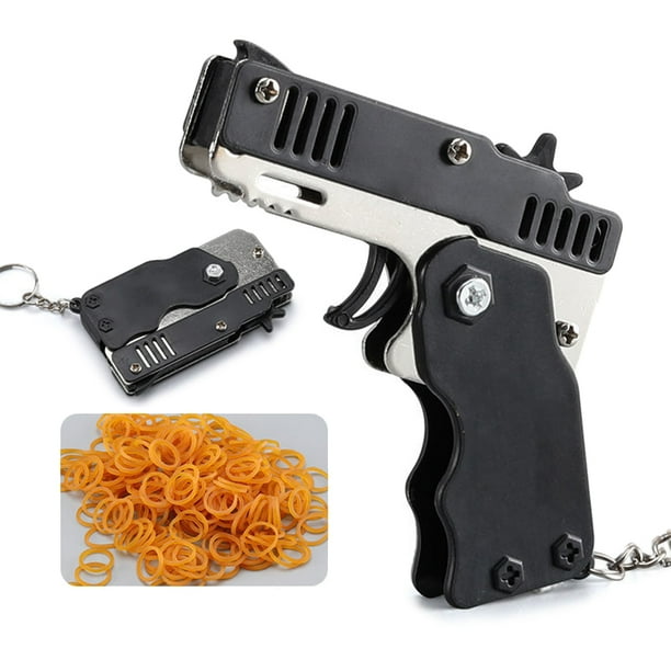 Mini pistola de juguete hecha a mano portátil con llavero elástico seguro para fiesta al aire libre para niños