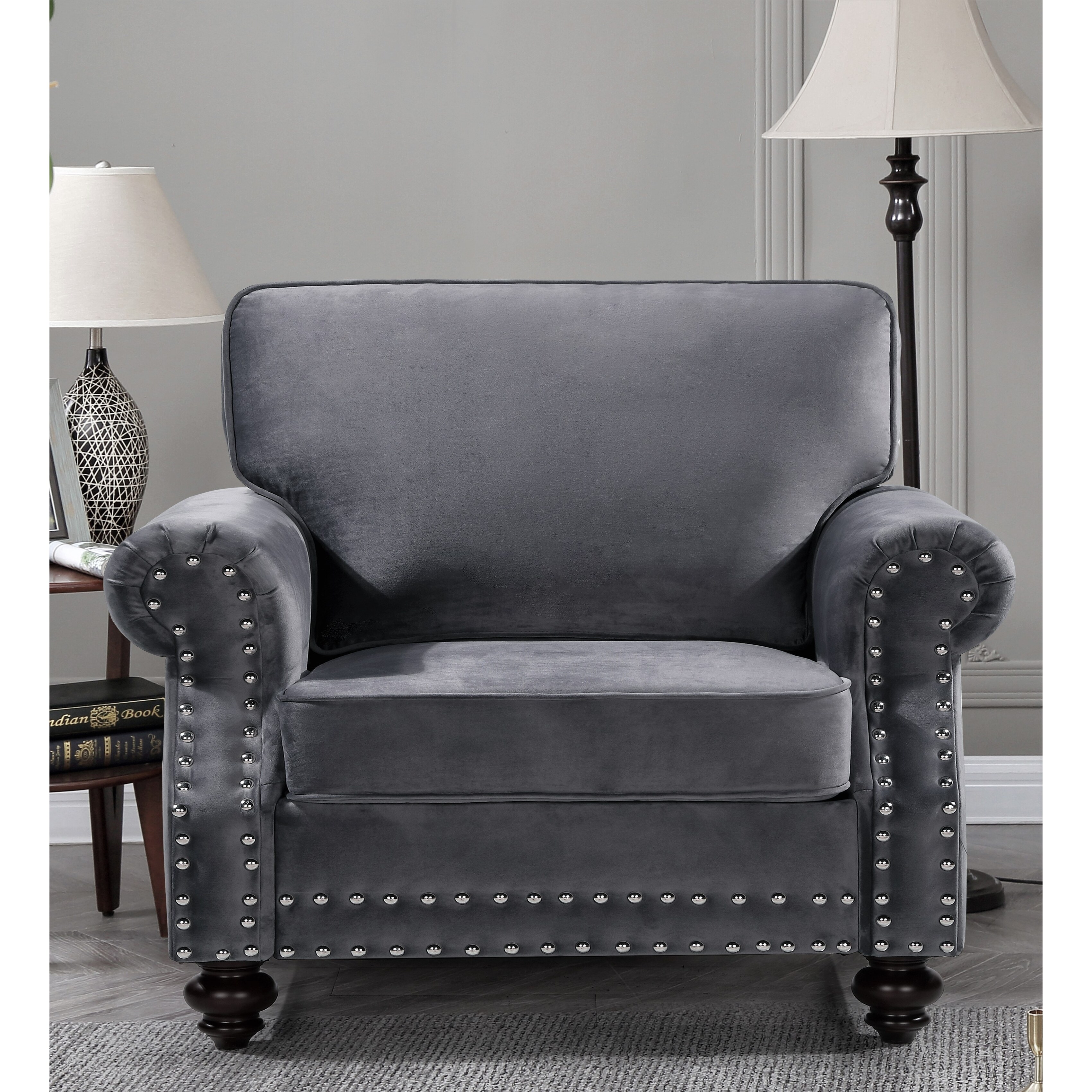 US Pride Furniture Ramos Nailhead Velvet Chair Grey
