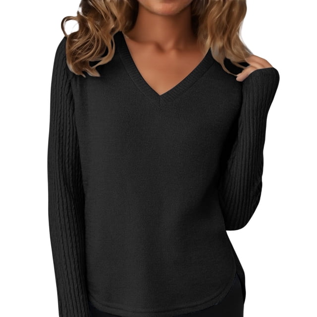 Breezora Chandail à Col Rond pour Femmes à Manches Longues Automne 2025 Tendance Grande Taille pour la Mode Quotidienne TTTG Taille Noir