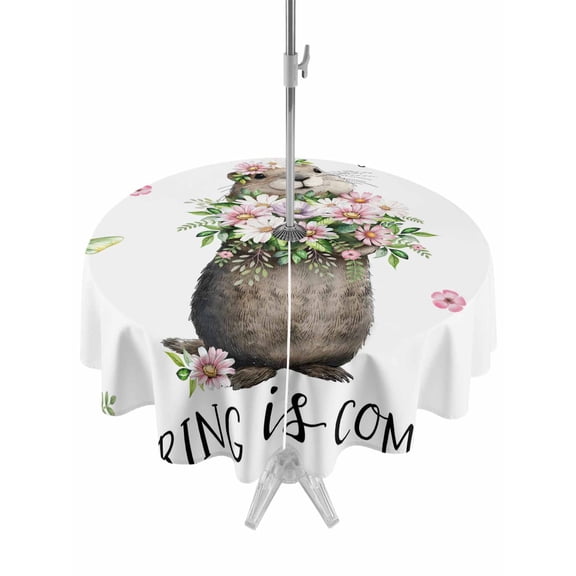 Outdoor Tablecloths with Umbrella Hole & Zipper, Groundhog Round Tablecloths 60 Inch, Spring Floral Butterfly Botanical Waterproof Table Cloth, Patio/Pool/Picnic Table Covers