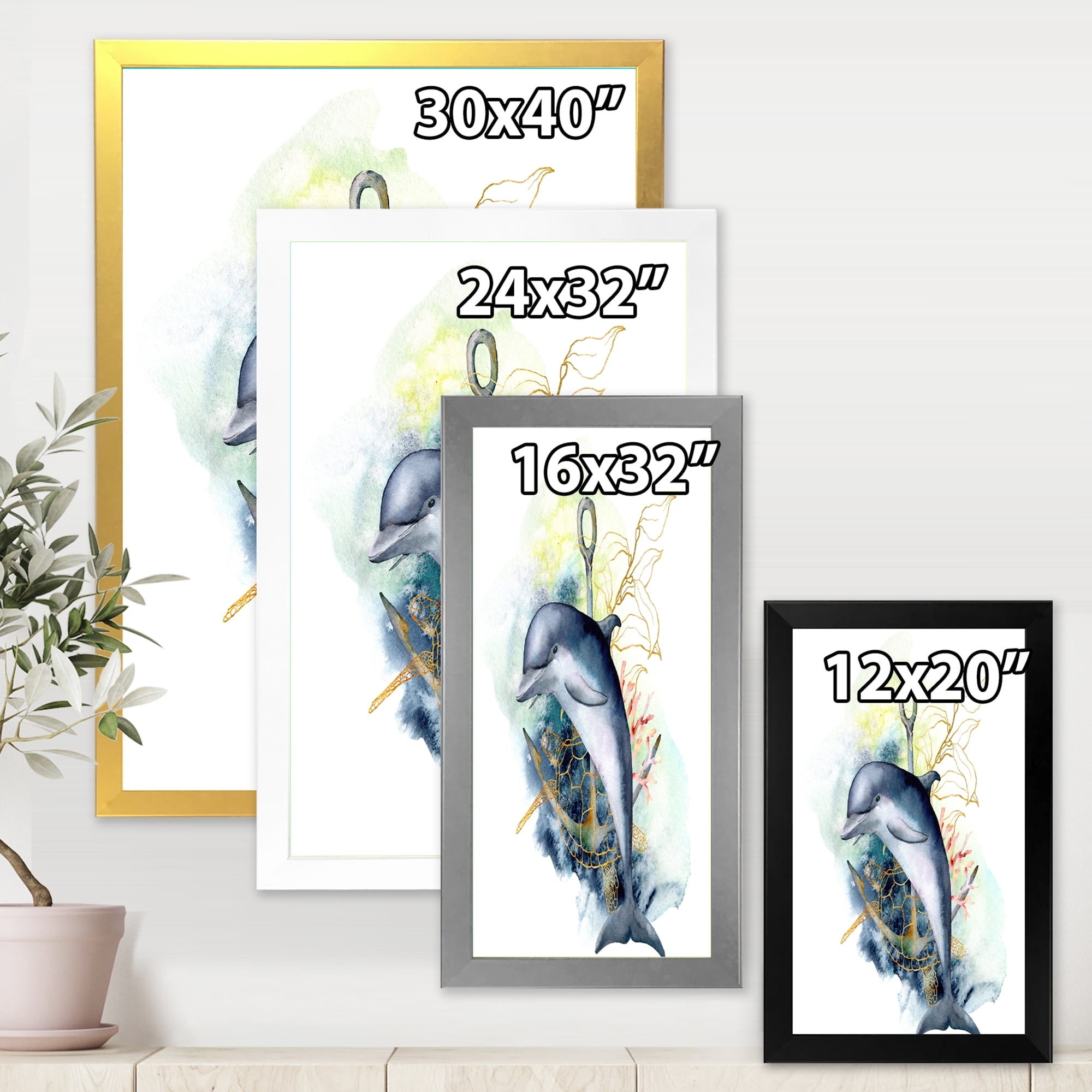 Designart 'Linear Coral Reef Plants and Dolphin Turtle Anchor' Nautical & Coastal Framed Art Print