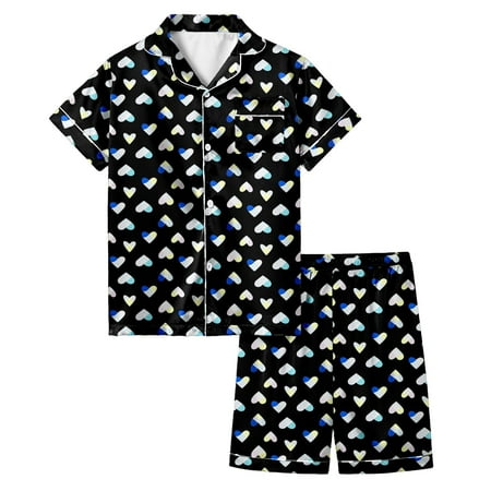 XAOFW Children s Outfits Sets Valentines Day Heart Print Short Sleeve Lapel Top Shorts Two Piece Outfit Everyday Casual Set Outdoor Activities Breathable Trendy Clothing Sets