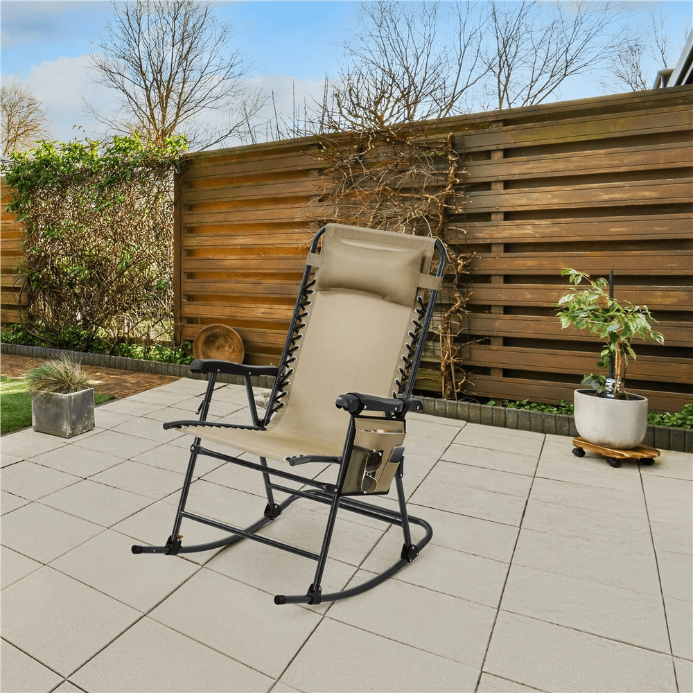 Alden Design 26in Foldable Rocking Lounge Chair with Cupholder/Pillow for Patio, Beige