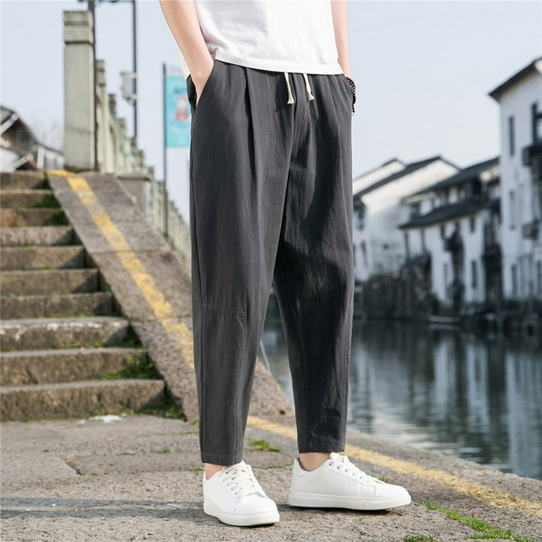 Guvpev Men's Casual Loose Pants Loose Fit Linen Comfortable Breathable Pants  - Dark Gray XXXXL 