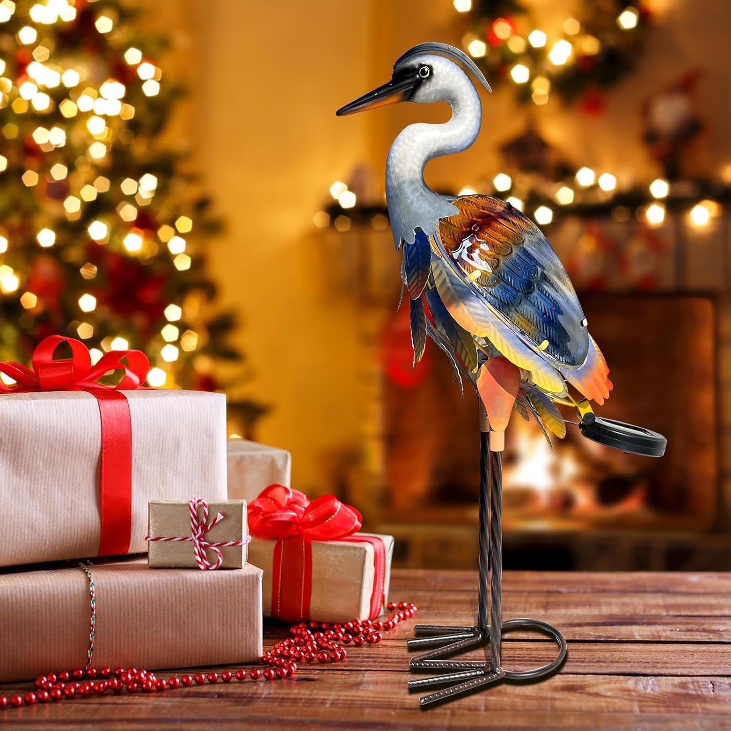 Solar Heron Metal Crane Statue Garden Heron Sculpture, Glass Outdoor Crane Yard Art Coastal Ocean Bird Decor 24 Inch Lawn Ornament for Backyard Porch Patio Decor