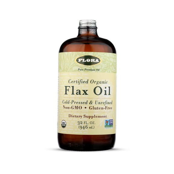 Flora Certified Organic Flax Seed Oil - Cold Pressed & Unrefined - Non-GMO, Gluten-Free, Kosher Omega Flax Oil Blend - Essential Fatty Acids for Wellness - Amber Glass Bottle - 32 fl oz