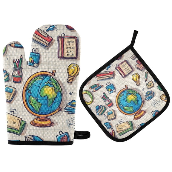 Yayeee Oven Mitts and Pot Holder Set of 2 Heat Resistant Kitchen Gloves Baking Hot Pad, Beige School