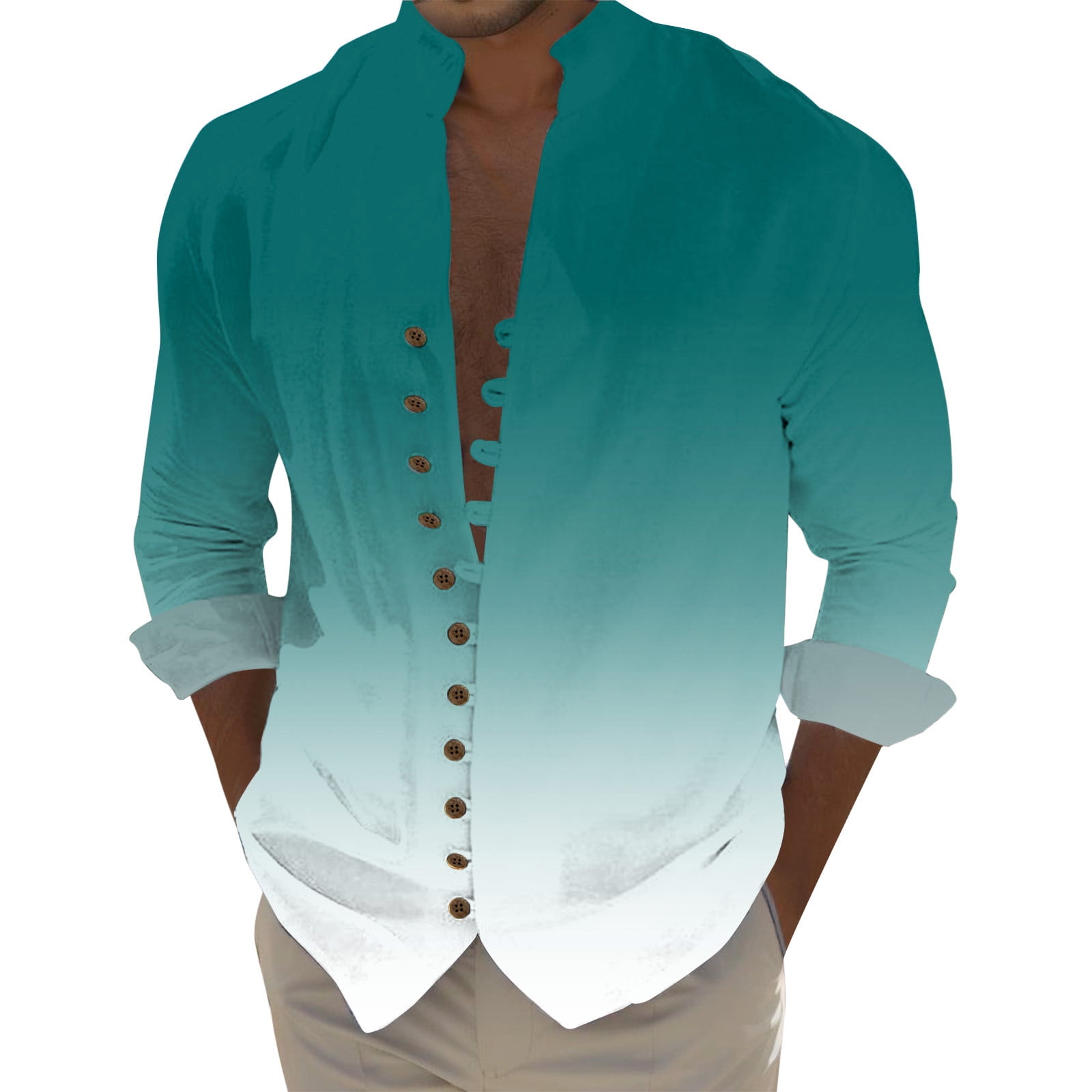 Mens Shirt Adult Male 70s Style Shirts Men Mens Holiday Seaside Leisure Loose Button Stand Printed Shirt Long Sleeve Top Clothes Green XL