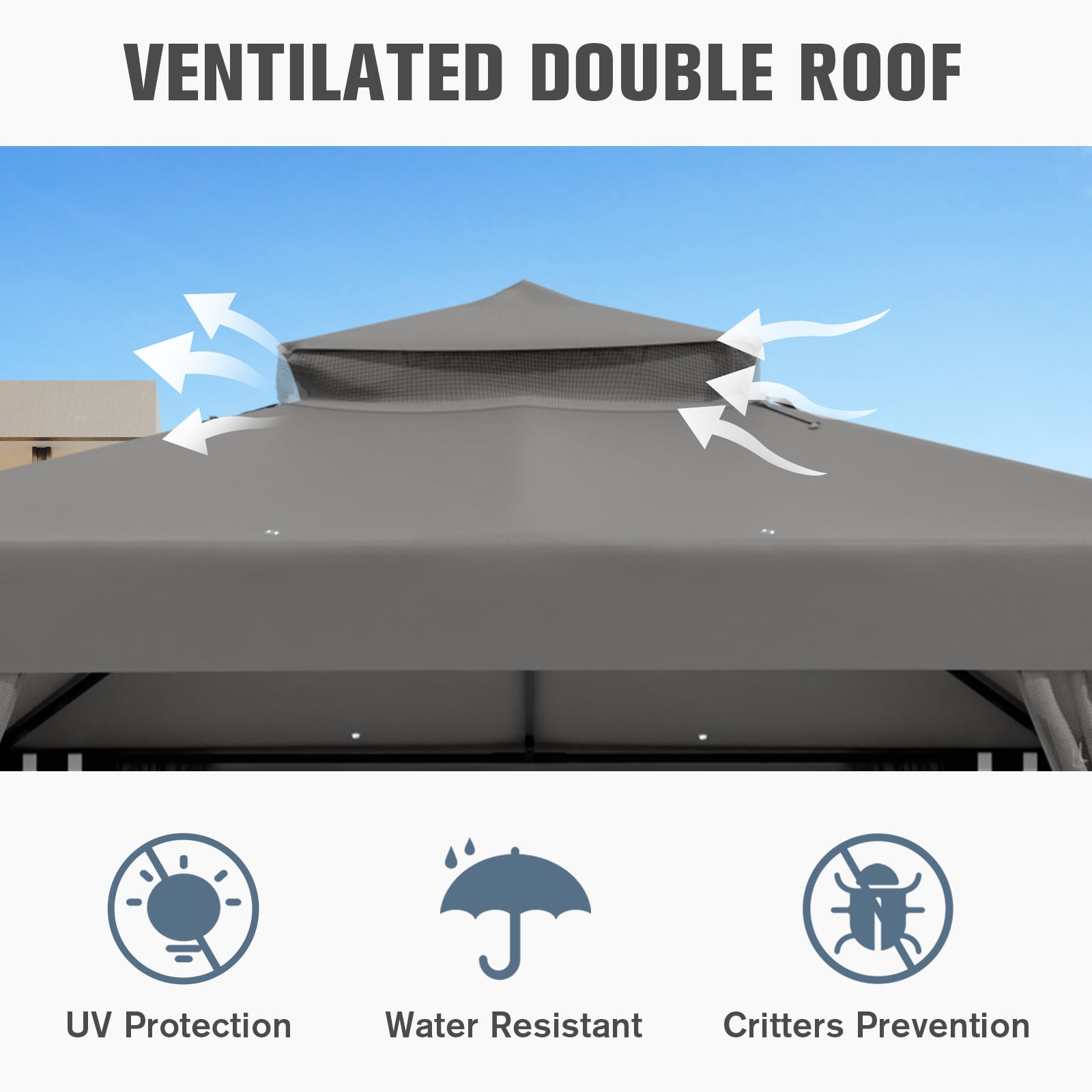 COOS BAY 8 ft. W x 8 ft. D Gray Outdoor Patio Soft Vented Top Gazebo with Zipped Netting, Corner Shelves, Ceiling Hook
