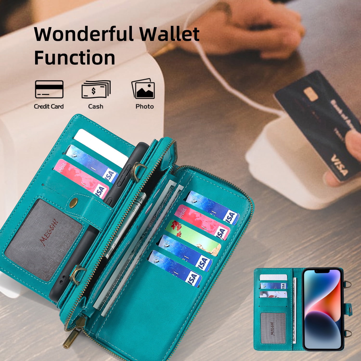 ELEHOLD Flip Wallet Case for iPhone 14 PU Leather Purse Case with Large Capacity 13 Card Slots Zipper Pocket Kickstand Magnetic Detachable Case Cross Body Shoulder Strap Shockproof Protective,Blue
