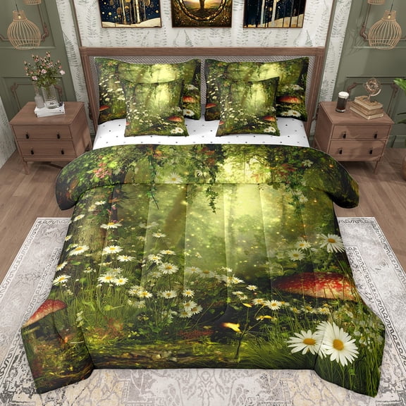 Castle Fairy Chic Floral Flowers Daisy Twin Bedding Sets 7-Piece,Jungle Botanical Mushroom Bedding Comforter Set Microfiber,Vintage Aesthetic Breathable Sheet Sets,Super Cozy Room Decor,Reversible