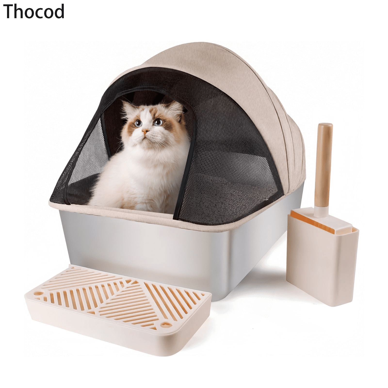 KUNWU Stainless Steel Cat Litter Box, Semi-closed, 24 KUNWU Stainless Steel Cat Litter Box, Semi-closed, 24