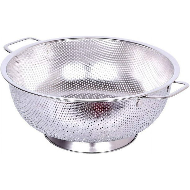 Colador de acero inoxidable: colador de alimentos de cocina con mango resistente y base de anillo grande y estable