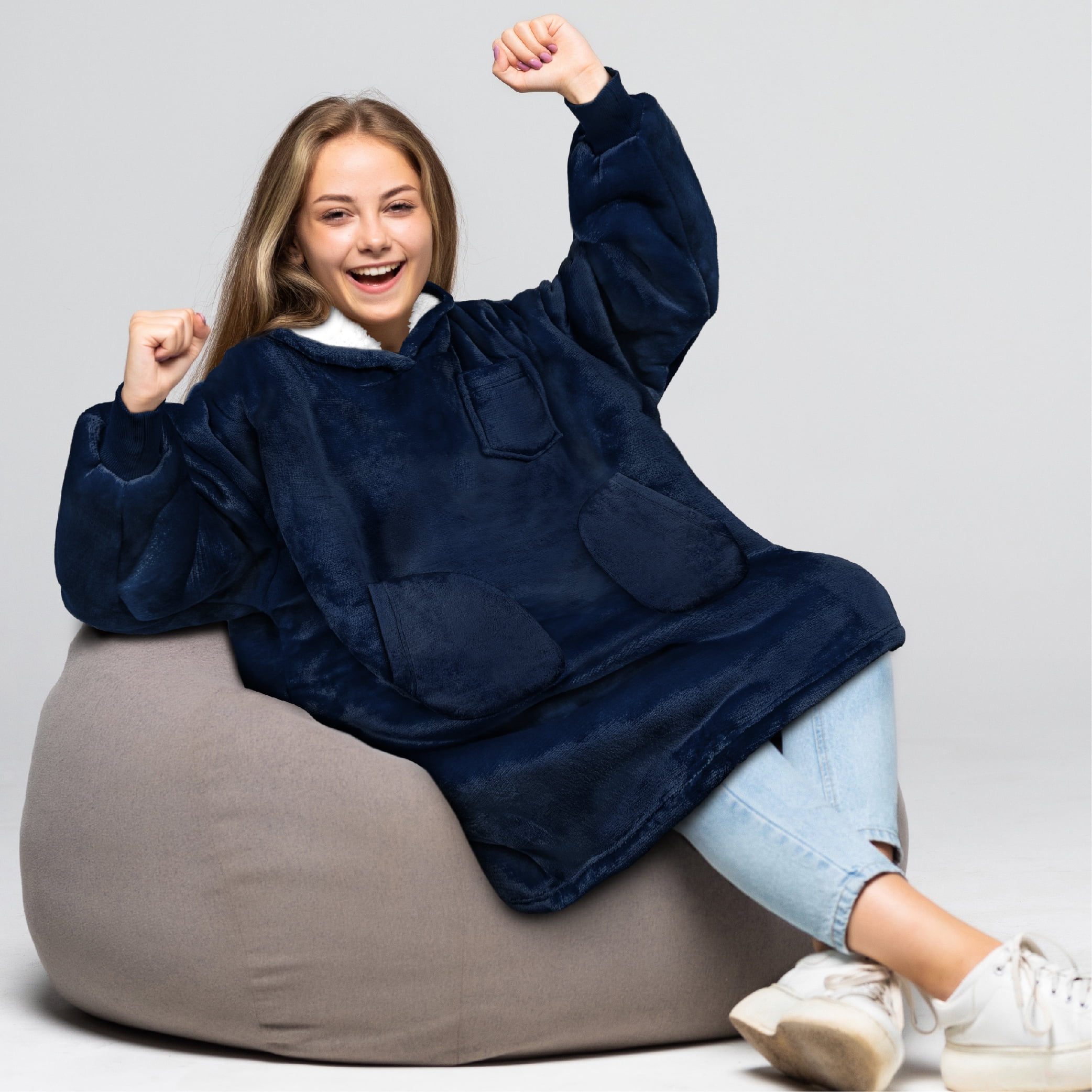 PAVILIA Wearable Blanket Sweatshirt for Kids Boy Girl, Warm Cozy Giant Hoodie with Two Pockets and Long Sleeves, Fleece Sherpa Oversized Hooded Blanket Pullover Gift for Teens Youths, Navy