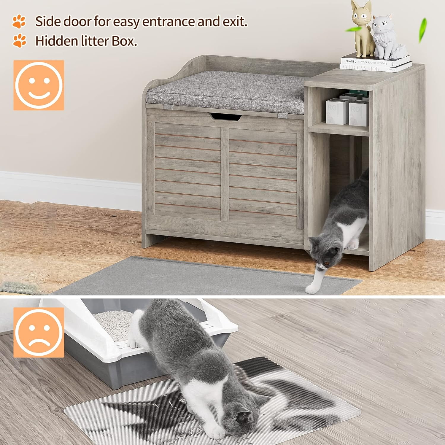 Hidden Cat Litter Box Furniture, Flip-Top Entryway Bench with Storage & Ventilation