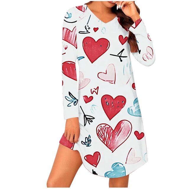 Jgppe Robe Tunique à Manches Longues pour Femmes Décontractée Imprimé Saint-Valentin Chandail Chemises de Nuit Vêtements de Nuit
