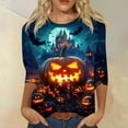thumbnail image 2 of WTOBBY Women's Halloween Print Round Neck Fashion Top with 3/4 Sleeve, Casual Loose Fit Blouse for Fall Season, Comfortable Daily Wear and Holiday Apparel,Royal Blue 4XL, 2 of 5