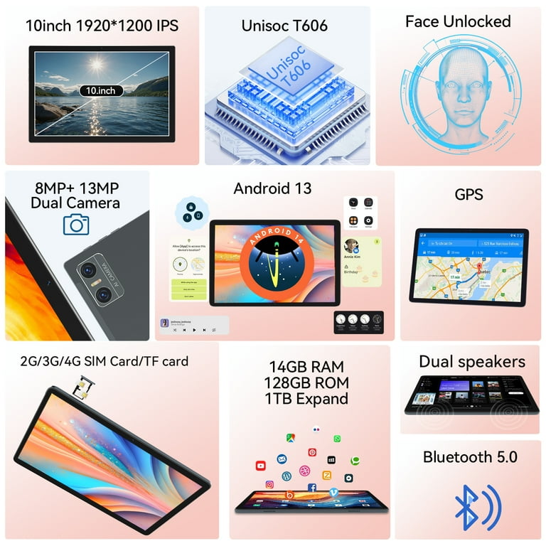 Tablet 10 inch Android 13 Tablet,4G Phone Tablet,14GB RAM+128GB  Storage,Octa-Core Processor,Dual 4G Cellular +5G Wi-Fi Tablet,Incell FHD  Display Touch ...