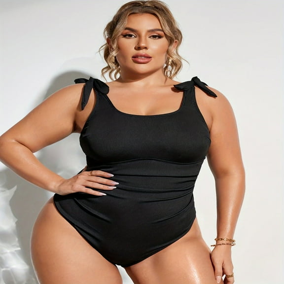 generic Plus Size One Piece Swimsuit for Women Tummy Control Tie Shoulder Swimwear Ruched Bathing Suits Black 2XL