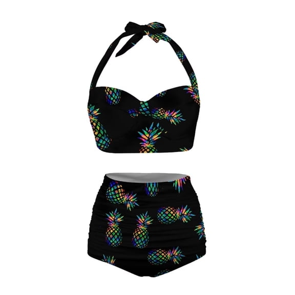 DHFJKG Women High Waisted Bikini Two Piece Swimsuit Tropical Self Tie Halter Bikini Top With Tummy Control Shorts Bottom Summer Stylish Beachwear