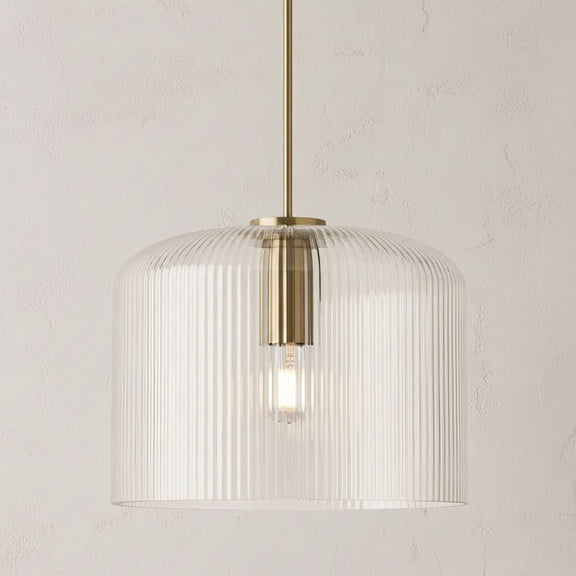 Possini Euro Design Lallie 18" Modern Pendant Ceiling Light Fixture Dining Room Over Table Drum Warm Brass Finish Ribbed Glass