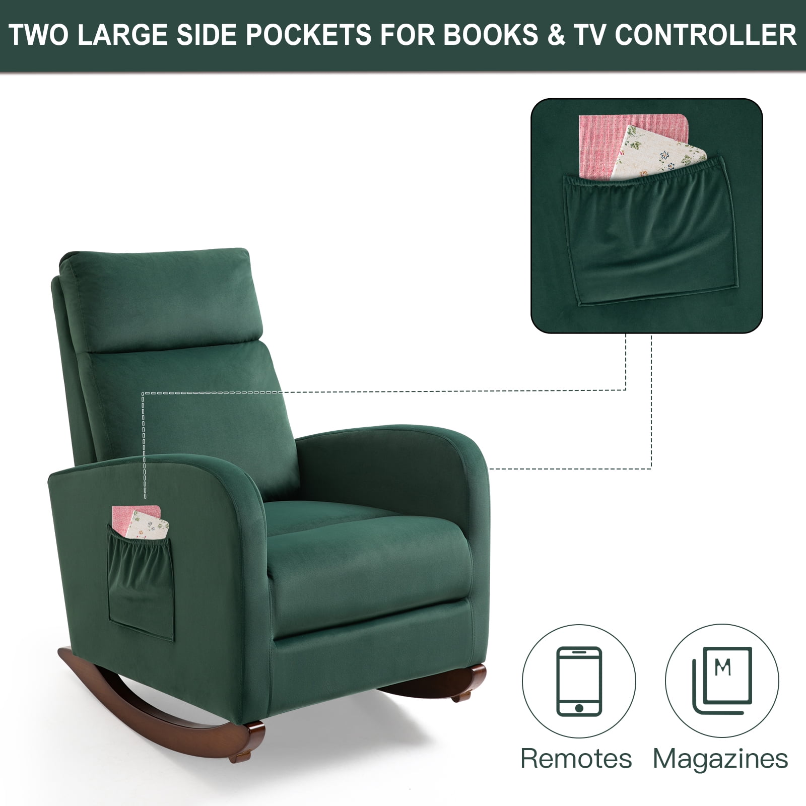 Homhum Mid-Century Nursery Rocking Chair, Upholstered Velvet High Back Arm Chair, Green
