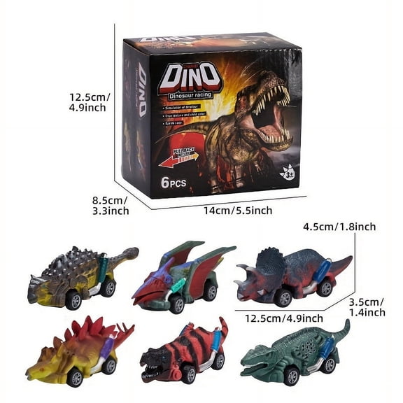 SUGARMOM DINO RACER 6-Pack of Dinosaur Toy Pull-Back Cars - ABS Resin Mixed Colors - Perfect for Easter Halloween Christmas Or Anytime Fun!