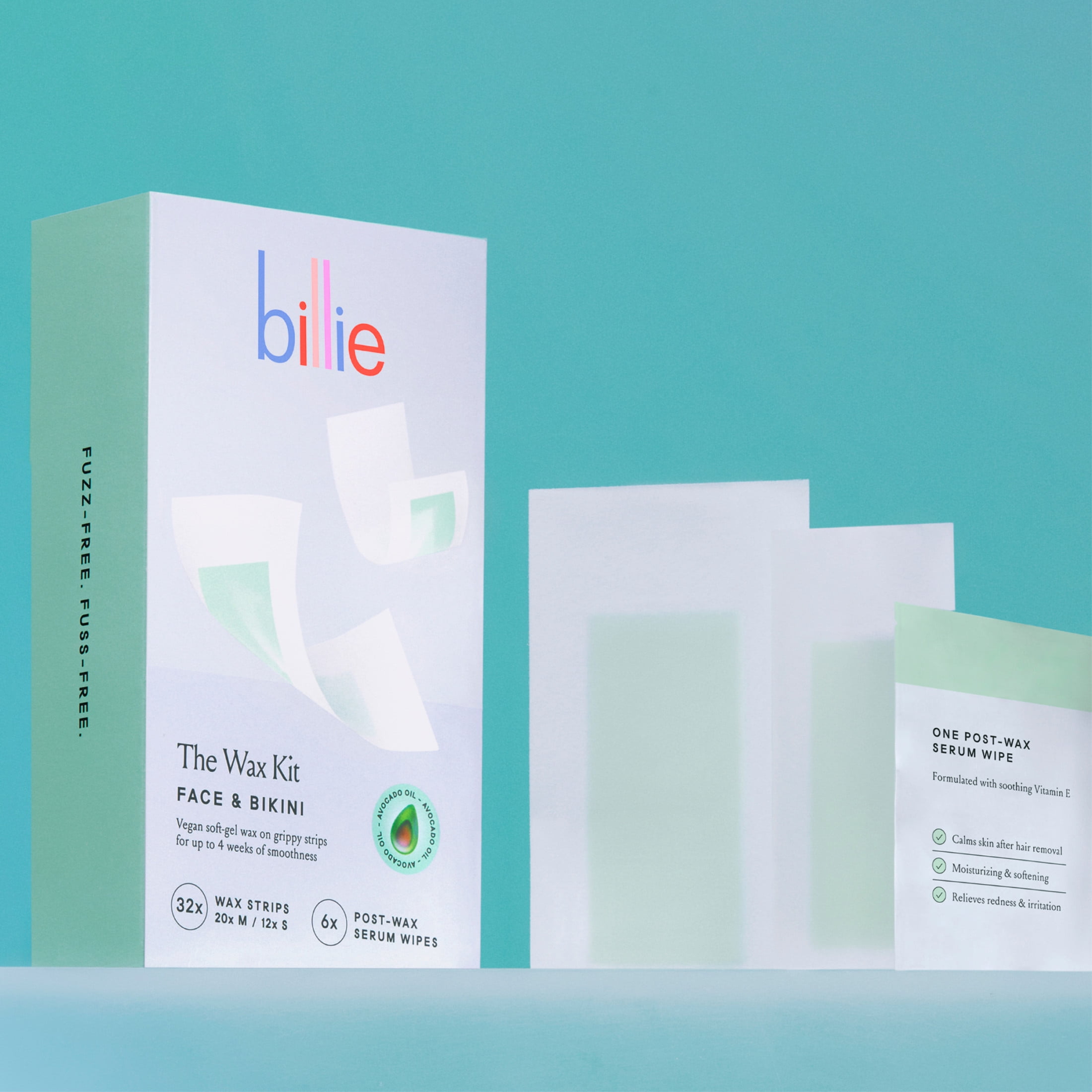 Billie Waxing Kit, Face & Bikini Hair Removal Wax Strips, 32 Wax Strips, 6 Post-Wax Serum Wipes