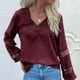 thumbnail image 2 of Camisas con cuello en V para mujer, camiseta de retazos de encaje, blusa informal de manga larga, camisas de jersey de color puro, 2 of 7