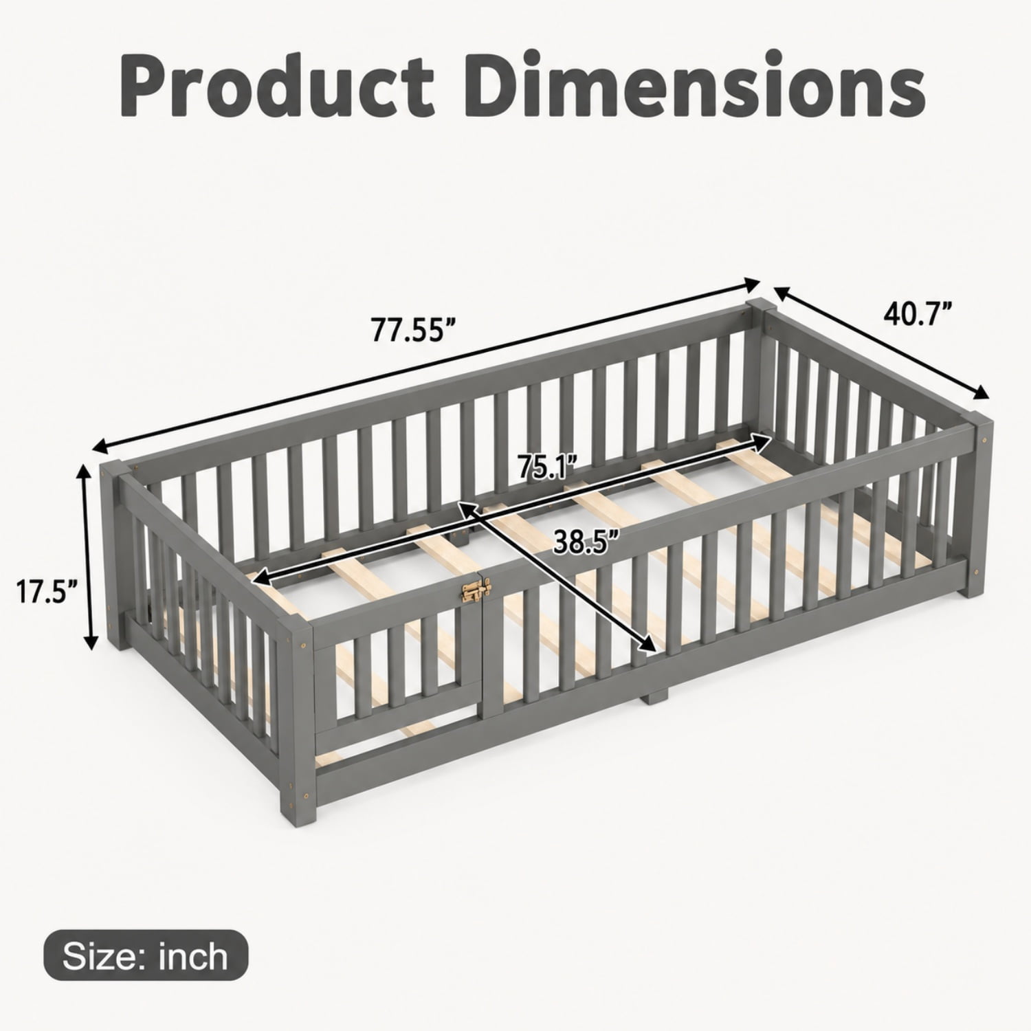 Miniyam Twin Floor Bed for Kids – Low Profile Wood Bed Frame with Rails, Gray