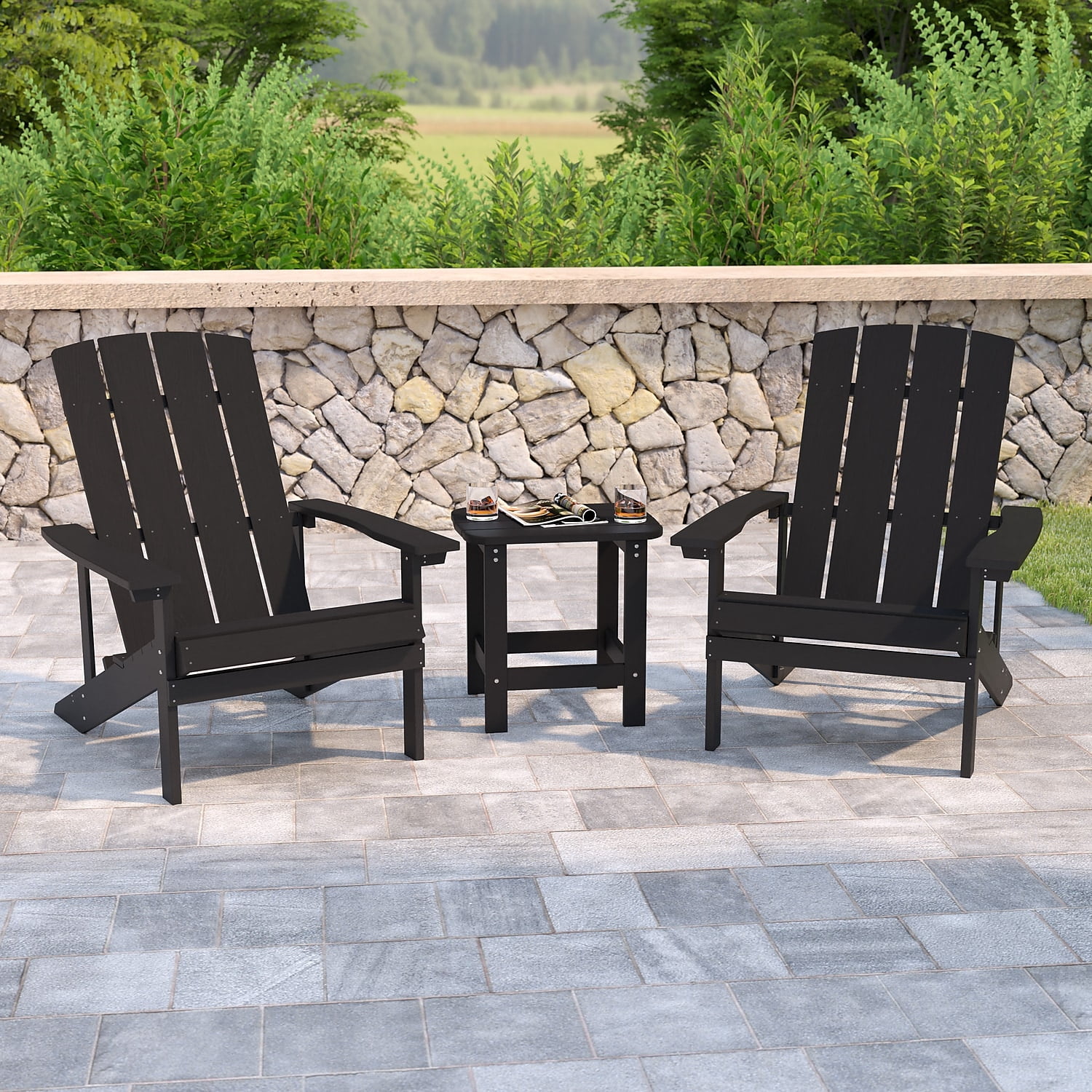 Flash Furniture 2 Pack Charlestown All-Weather Poly Resin Wood Adirondack Chairs with Side Table in Black