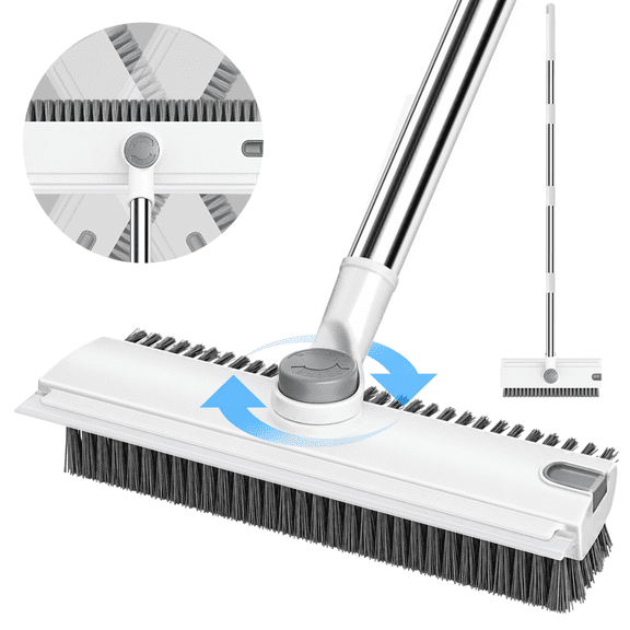 Jcaeh Floor Scrub Brush with Long Handle, 3-in-1 Heavy Duty Floor Brush, Adjustable Length, Stiff Bristles and Squeegee for Bathroom, Tile & Patio