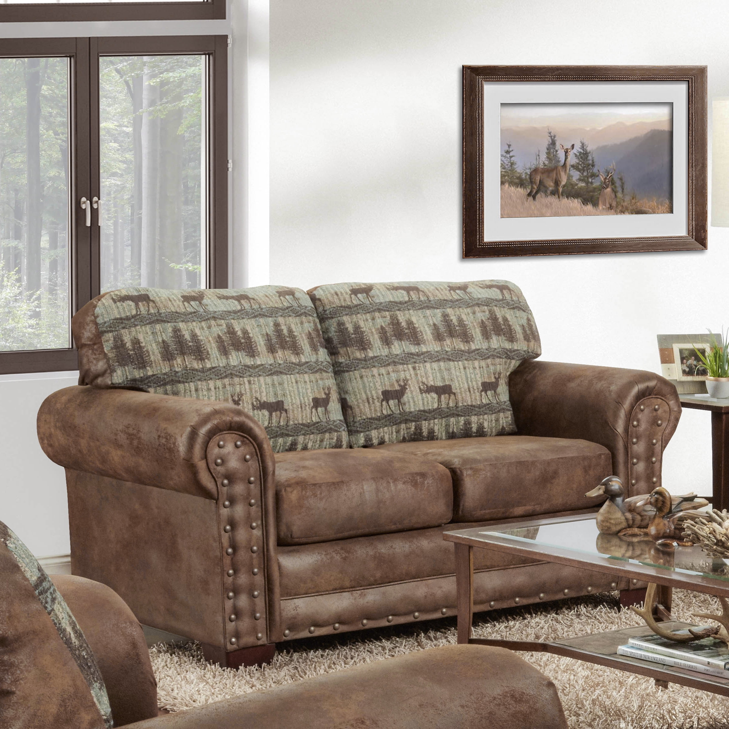 American Furniture Classics Model 8502-90 Deer Teal Lodge Tapestry Loveseat