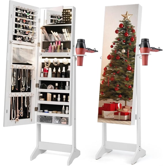 HJTER Jewelry Cabinet Armoire with Full Length Mirror, Flip-open Vanity Mirror, 3 Color LED Lights, Hair Dryer Holder, Lockable Standing Jewelry Organizer with Storage Shelves Drawers (White)