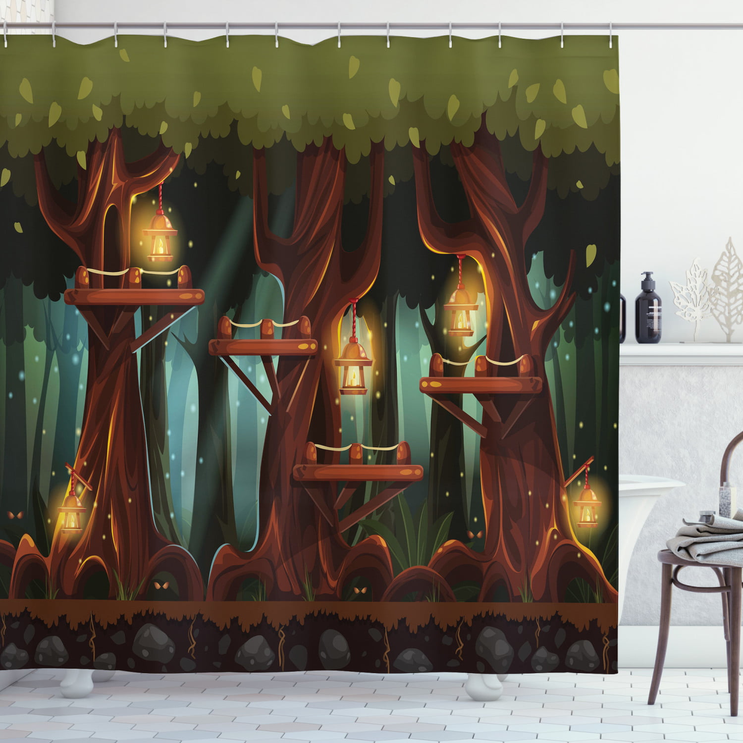 Firefly Shower Curtain, Fairy Forest Woodland with Lanterns and Insects ...