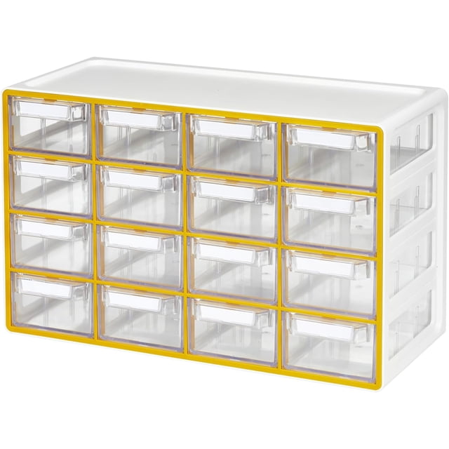 Medium 16 Drawer Storage Organizer Cabinet - Stackable Bead and Craft Storage, Hardware Small Parts Organizer, Teacher Toolbox (Made in Korea) - Yellow