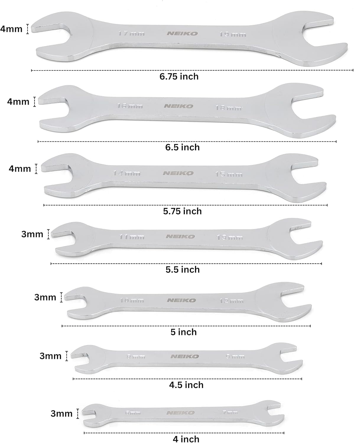 Neiko 03581A Super Thin Wrench Set, 3-4mm Thick, 7 Piece, Metric Sizes 6-19mm