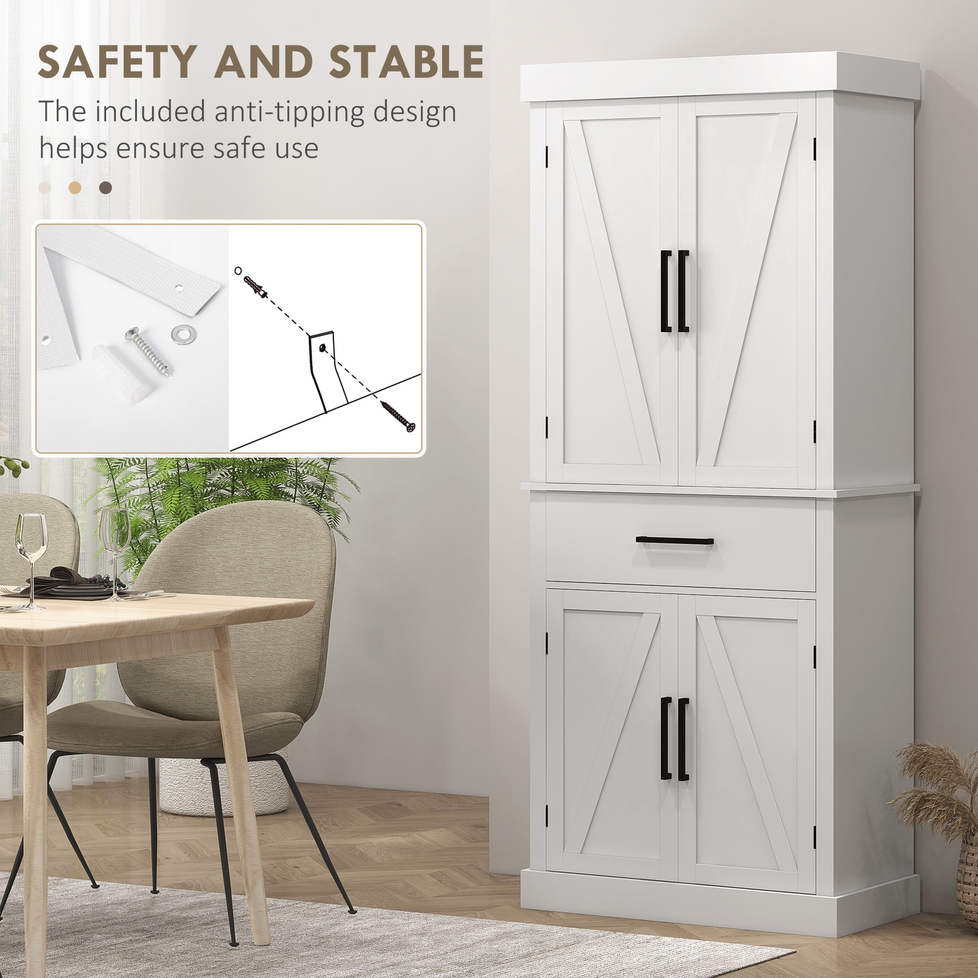 HOMCOM 72" Tall Kitchen Pantry Storage Cabinet, Farmhouse Freestanding Kitchen Cabinet with Barn Doors, Drawer and Adjustable Shelves, White